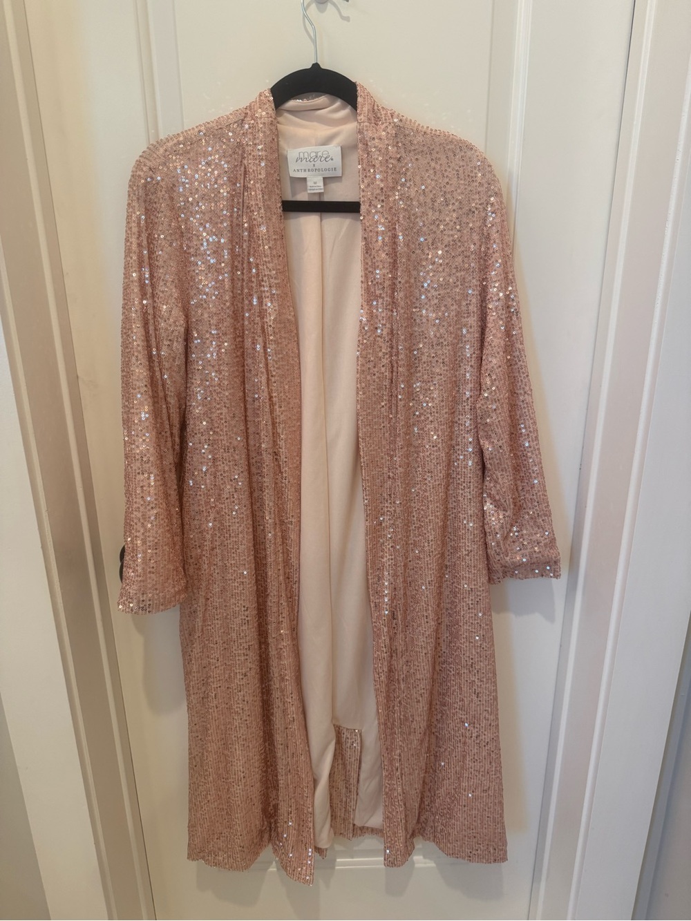 Anthropologie Mare Mare Sequin Duster Jacket Women M Rose Gold Blush Long Coat